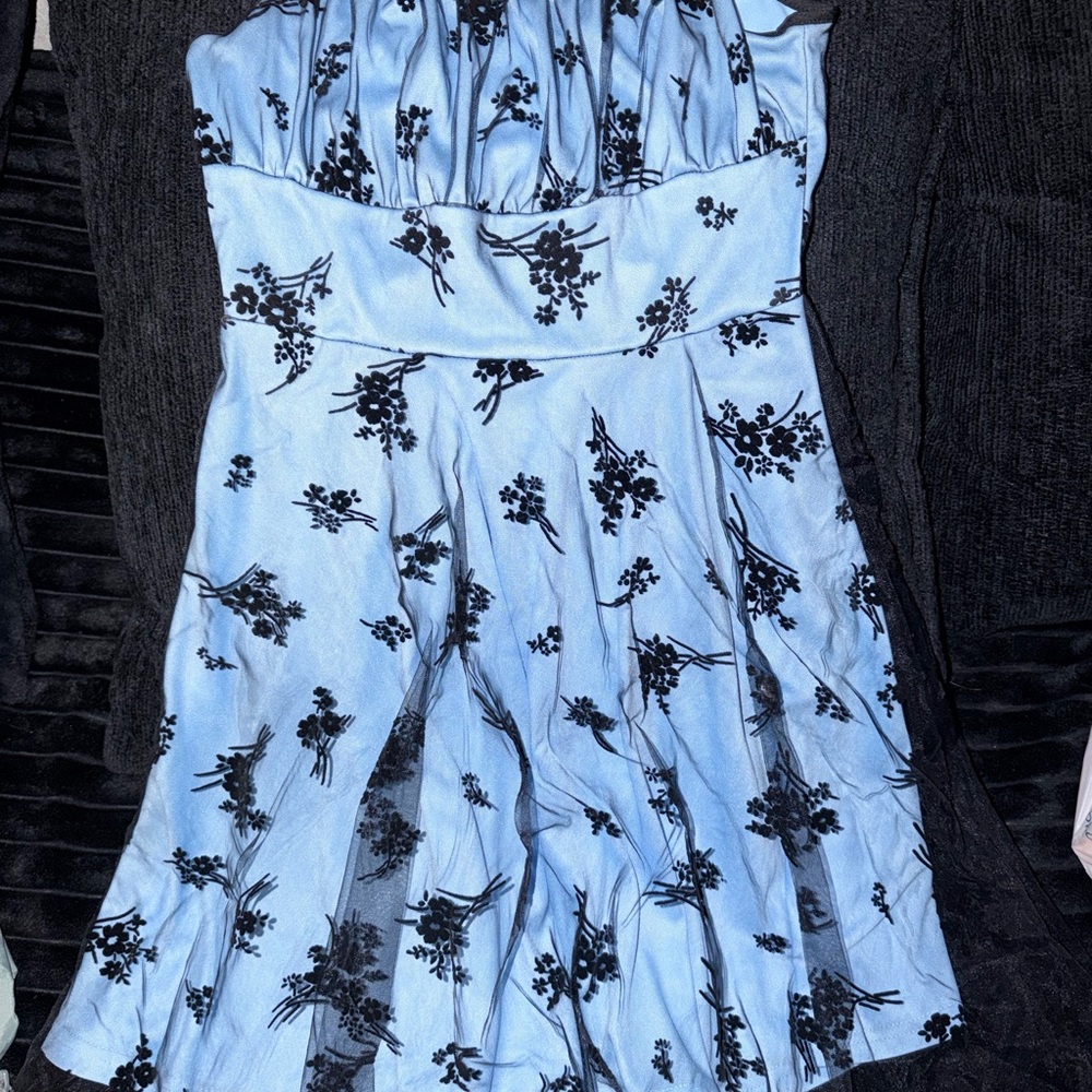 🖤 Y2K Pale Blue & Black Floral Overlay Mini Dress 🖤